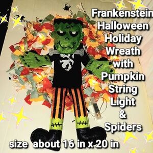 Frankenstein halloween holiday wreath / pumpkin string lights & spiders 16x20 in